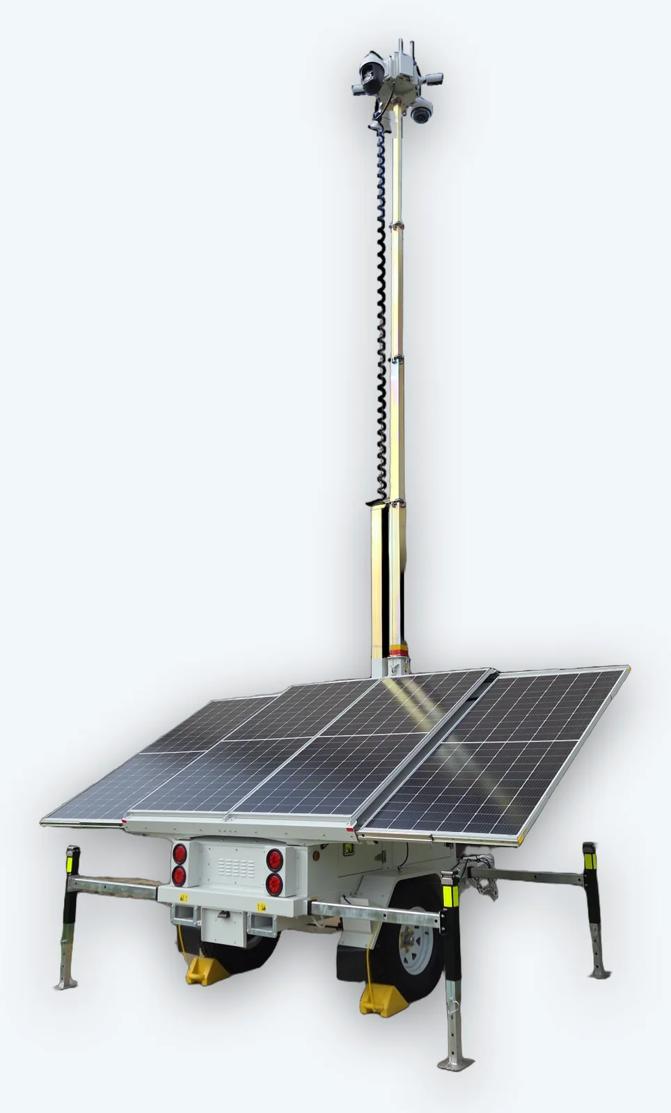 The VB4-MST deployed: four solar panels out, stabilizer jacks down, mast raised with cameras at the top
