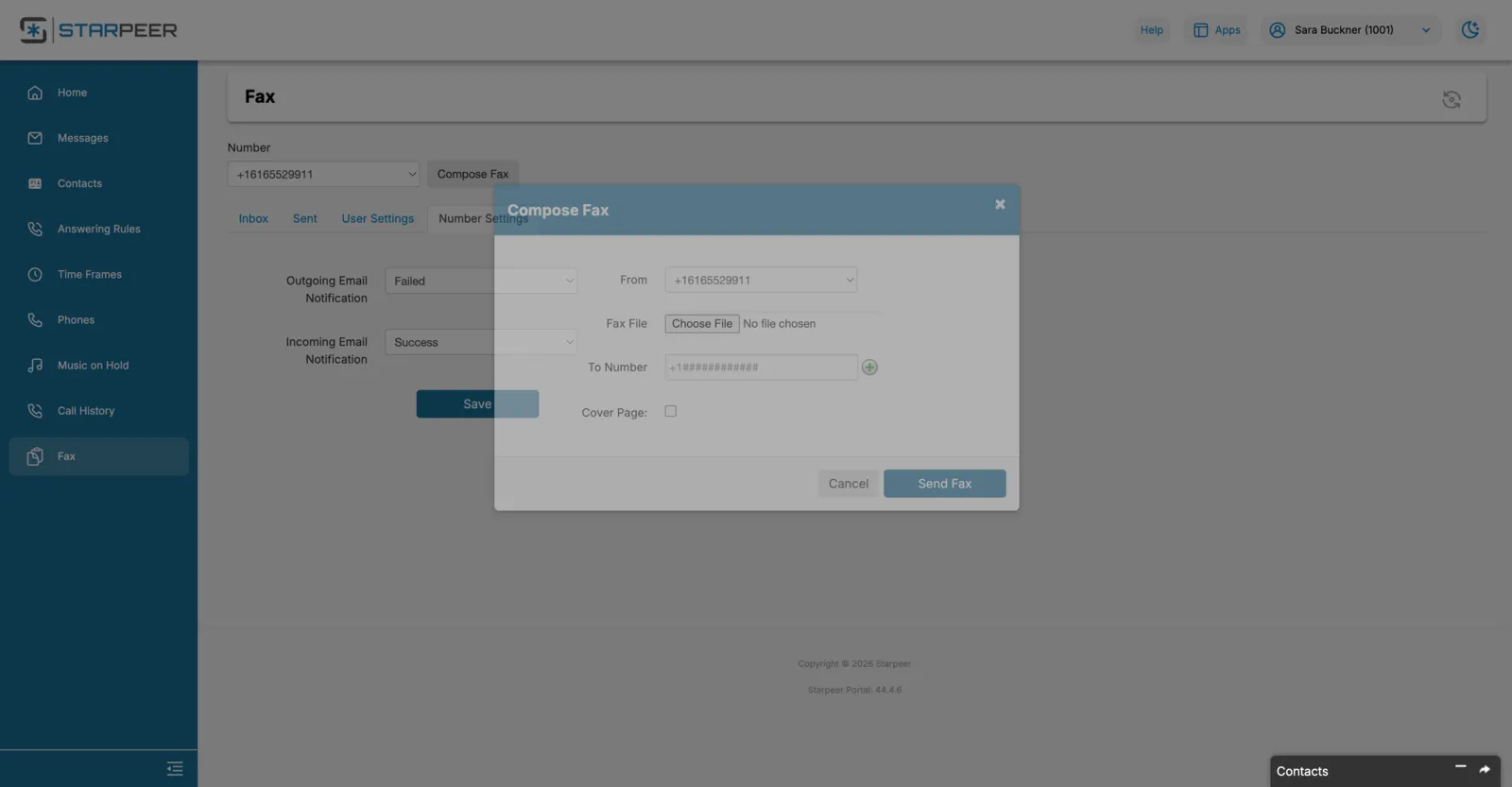 The Compose Fax dialog in the Starpeer portal, with From number, Fax File, To Number, and Cover Page fields