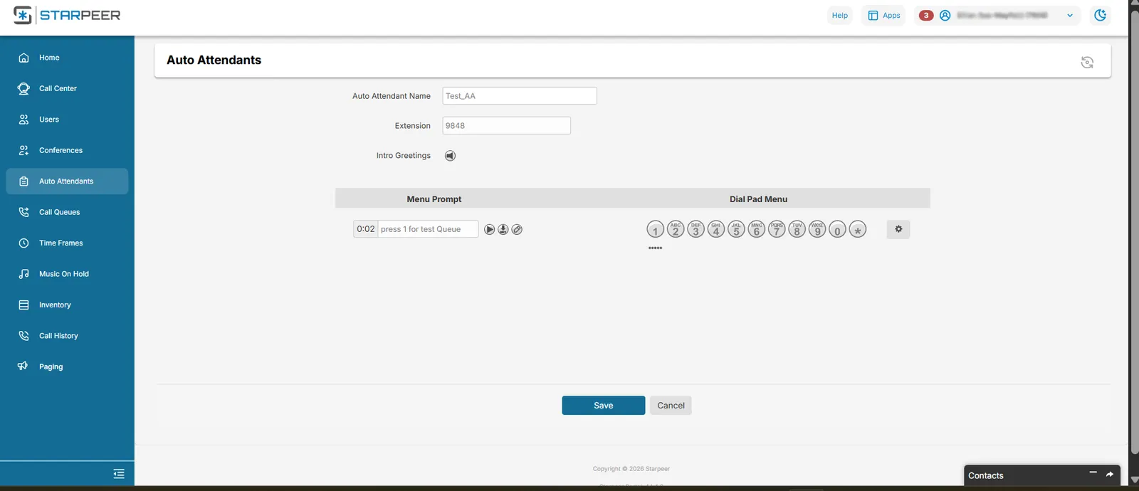The Auto Attendants page in the Starpeer portal with an intro greeting, a menu prompt, and the dial-pad menu